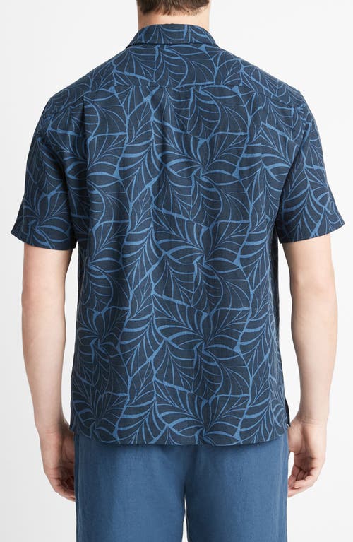 Shop Vince Knotted Leaves Linen Blend Short Sleeve Button-up Shirt In Coastal/dark Washed