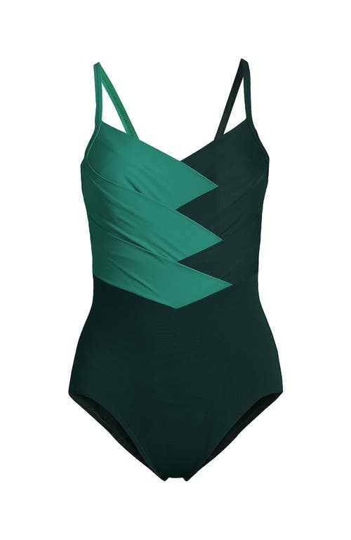 Shop Lands' End Slender Suit V-neck Pleated X-back One Piece Swimsuit Adjustable Straps In Island Emerald/deep Balsam