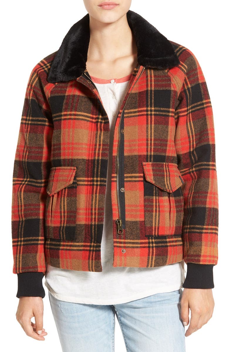 Volcom 'Chickity Check It' Plaid Bomber Jacket with Faux Fur Collar ...