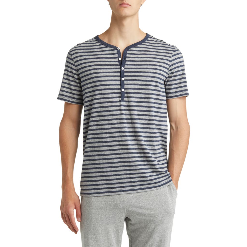 Daniel Buchler Heathered Stripe Recycled Cotton Blend Henley Pajama T-shirt In Navy/grey