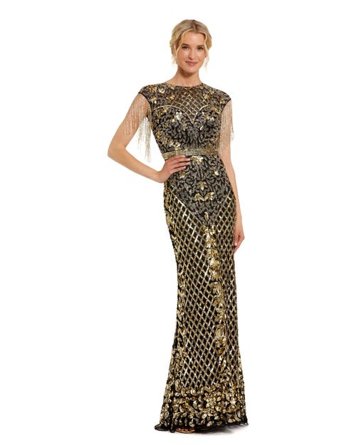 Mac Duggal High Neck Sleeveless Beaded Fringe Fitted Gown In Black Gold