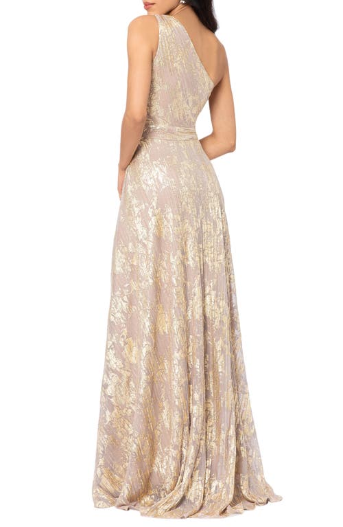 Shop Betsy & Adam Metallic Floral One-shoulder Sheath Gown In White/pink/gold