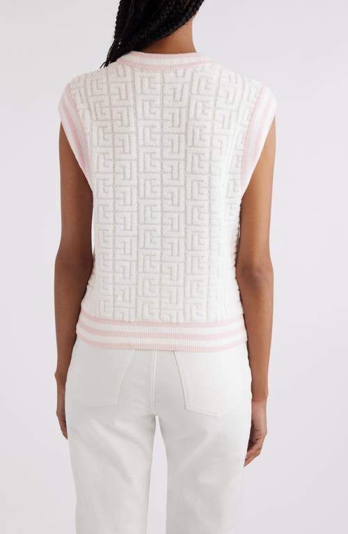 Shop Balmain Monogram Sponge Knit Sleeveless Sweater In Gso White/pale Pink