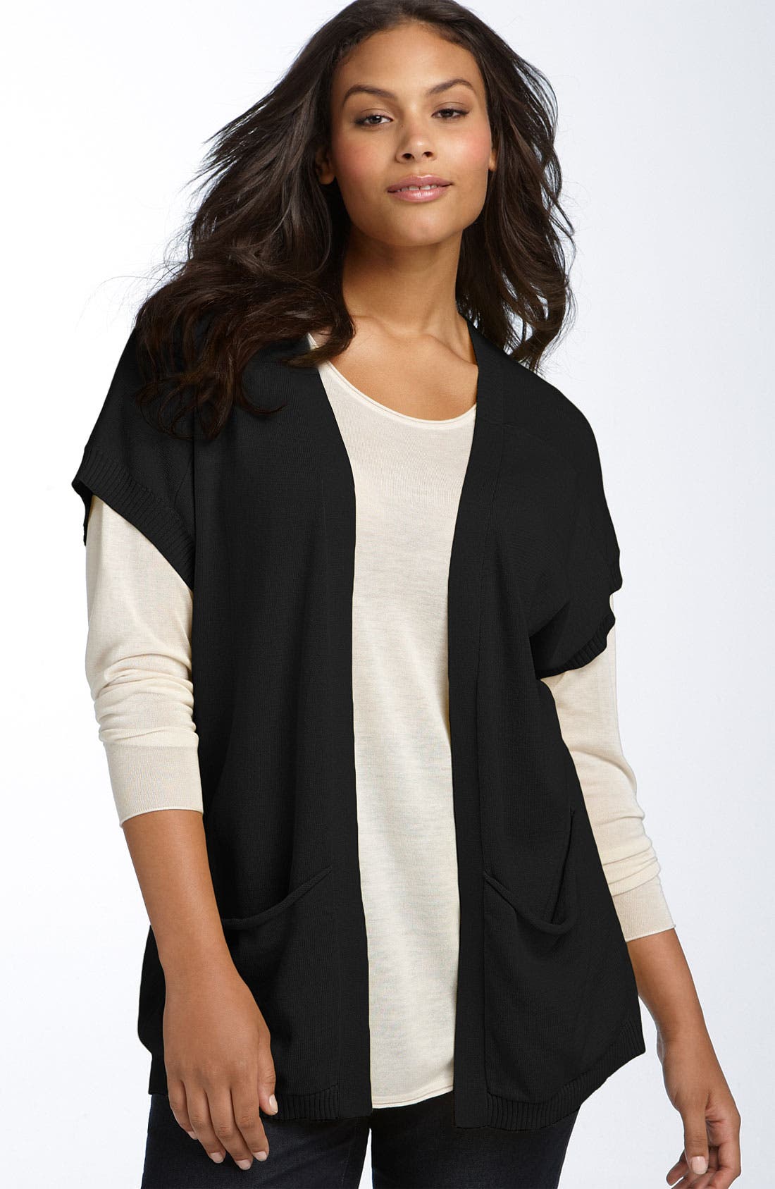 Caslon® Open Front Short Sleeve Cardigan (Plus) Nordstrom