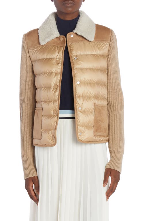 Moncler Wool Knit & Quilted Nylon Cardigan with Genuine Shearling Collar Beige at Nordstrom,