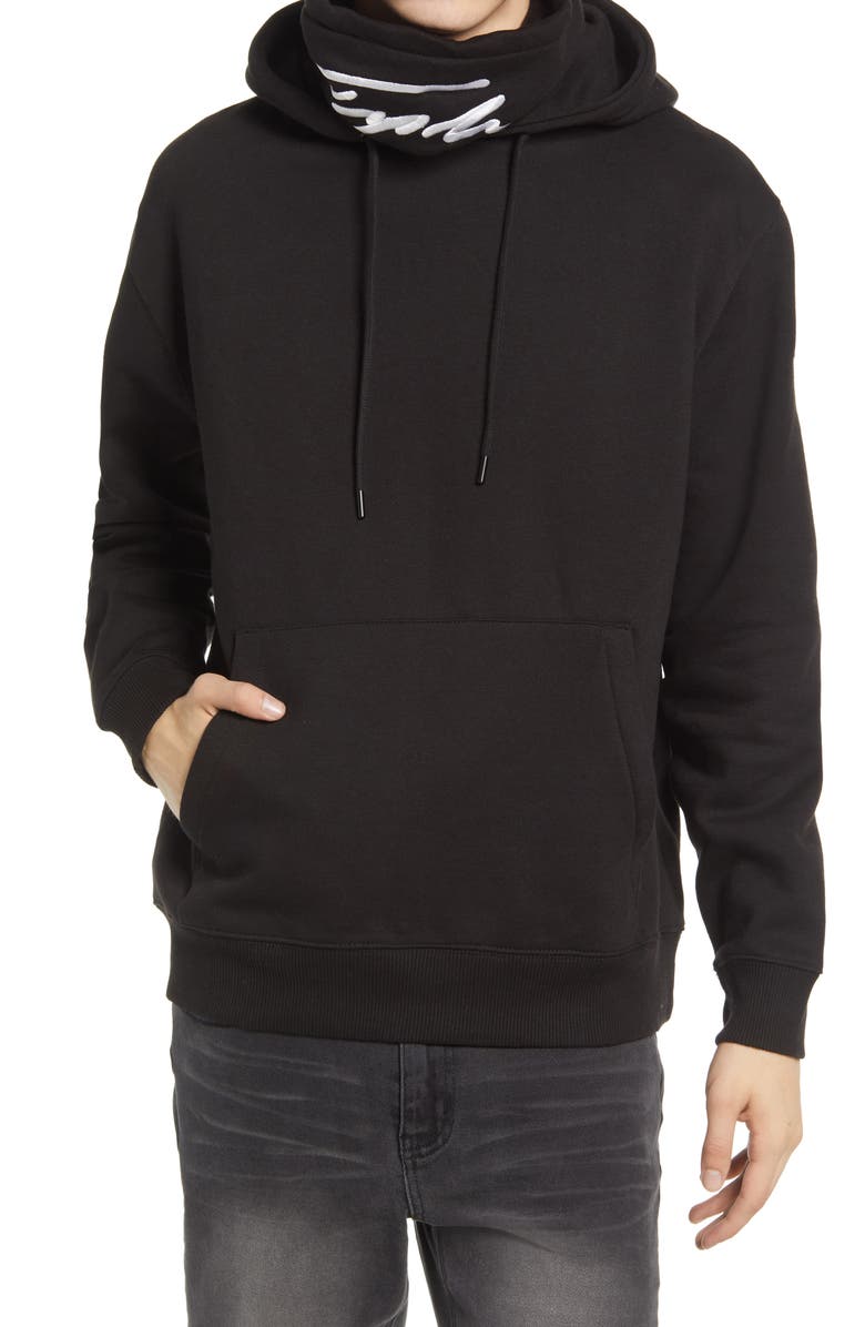 TOPMAN Men's Signature Embroidered Funnel Neck Hoodie, Main, color, BLACK