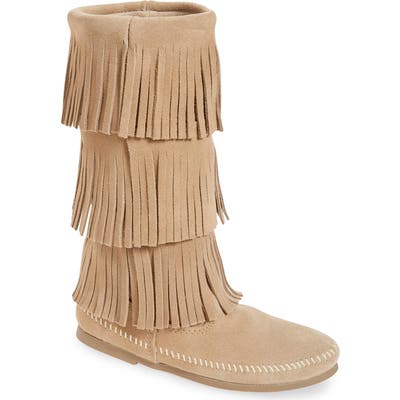 Minnetonka 3-Layer Fringe Boot, Beige