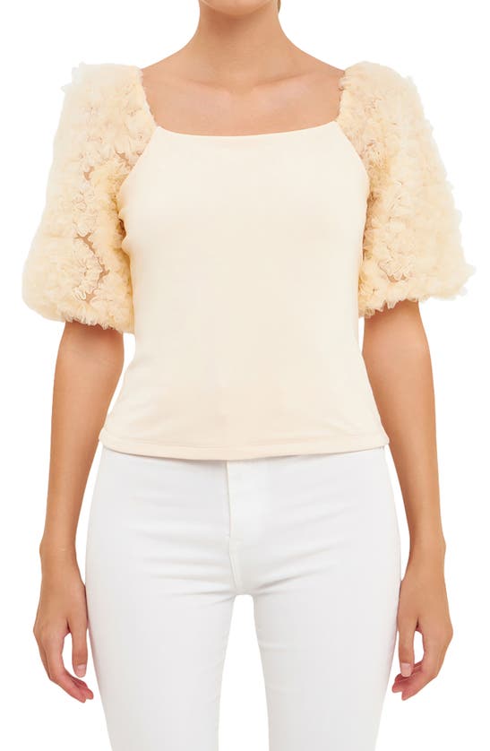 Shop Endless Rose Tulle Puff Sleeve Blouse In Ivory