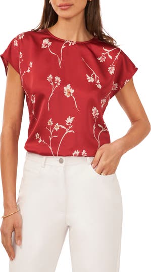 Pleione Womens short sleeve red floral blouse, 100% polyester, size Large  (L)