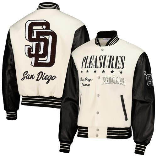 Men's PLEASURES White San Diego Padres Full-Snap Varsity Jacket