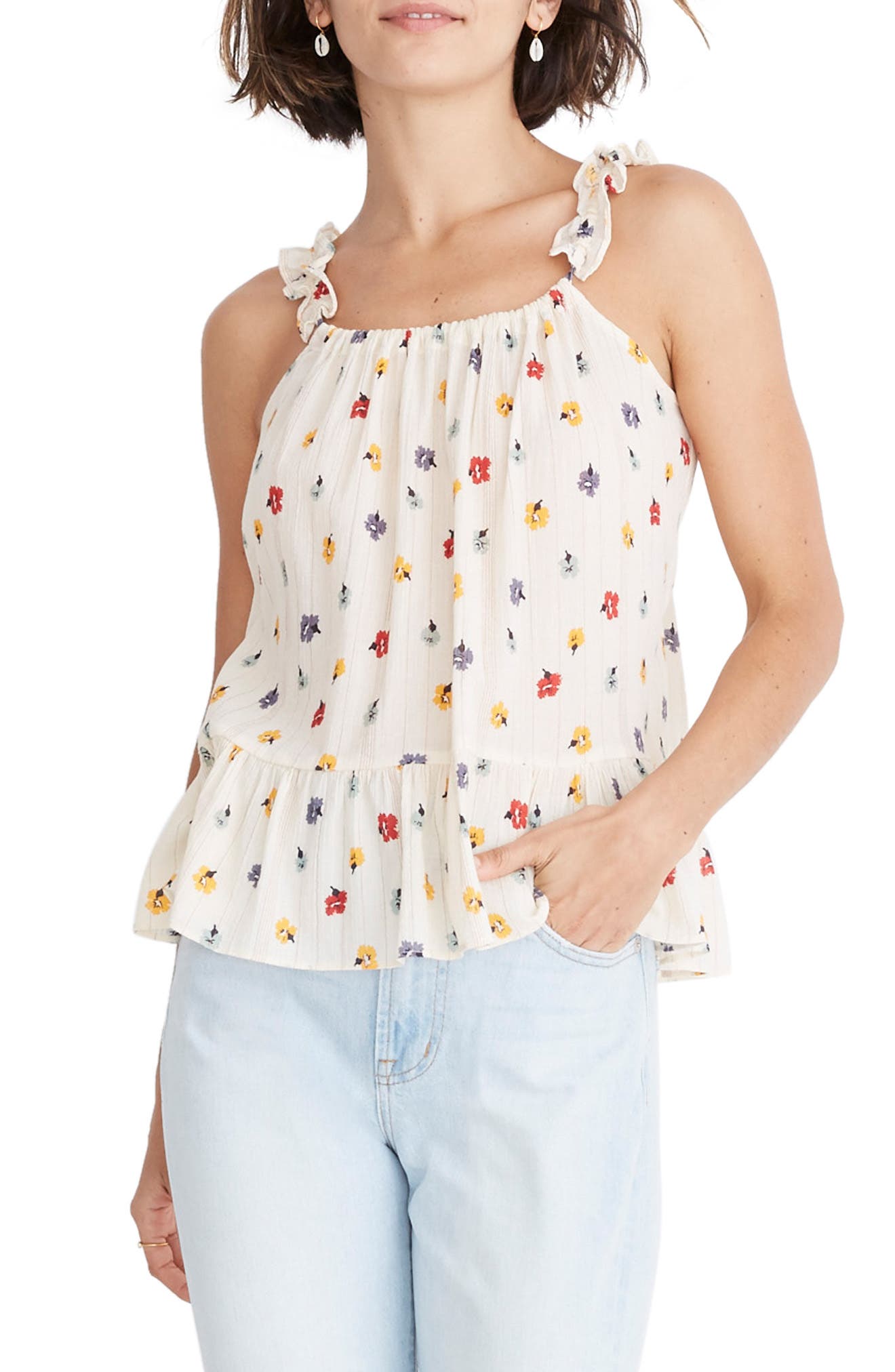 Madewell Metallic Stripe Confetti Ruffle Strap Camisole, Ivory