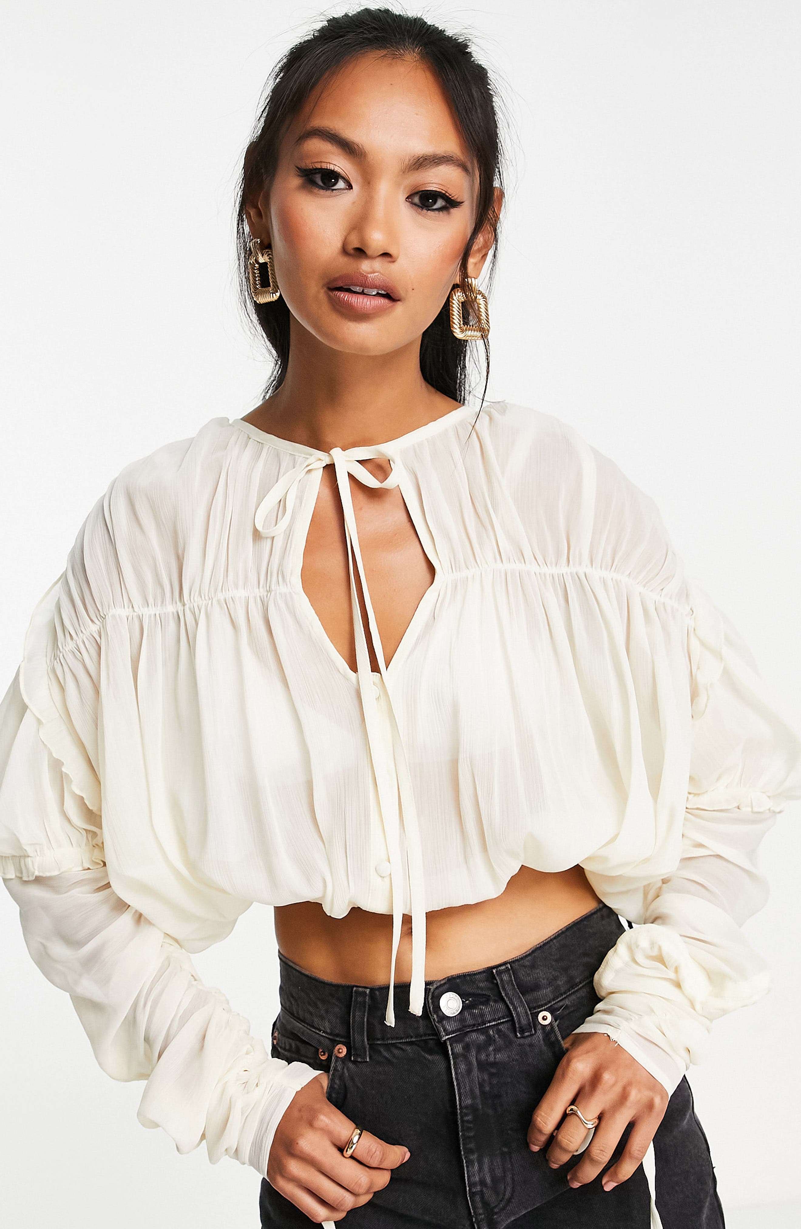 ASOS DESIGN Ruched Sleeve Sheer Crop Blouse in Cream | Smart Closet