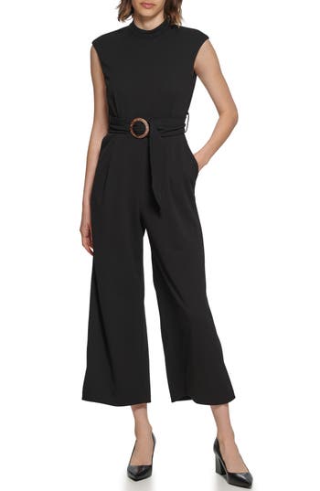 Calvin Klein Belted Scuba Crepe Jumpsuit In Black