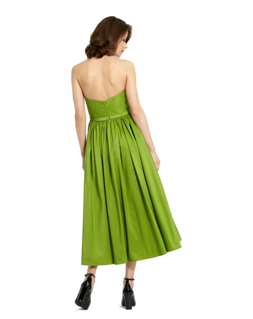 Mac Duggal Strapless Faille A-line Rose Detailed Midi Dress In Pear