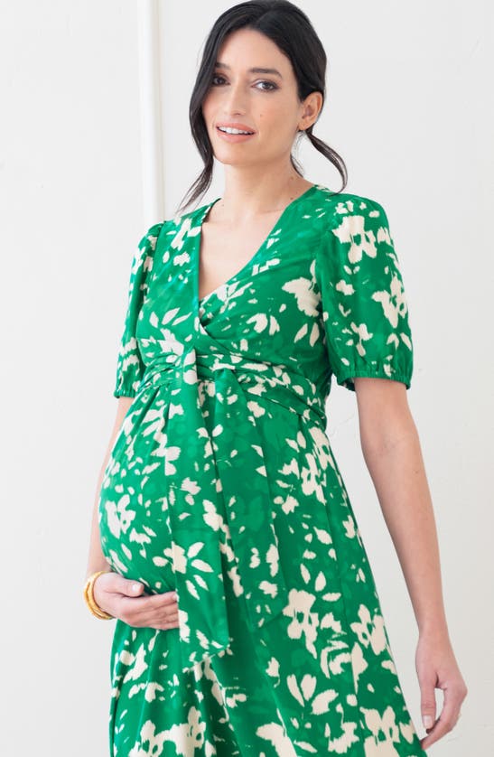 Shop Seraphine Floral Tie Waist Maternity/nursing Midi Dress In Green Print