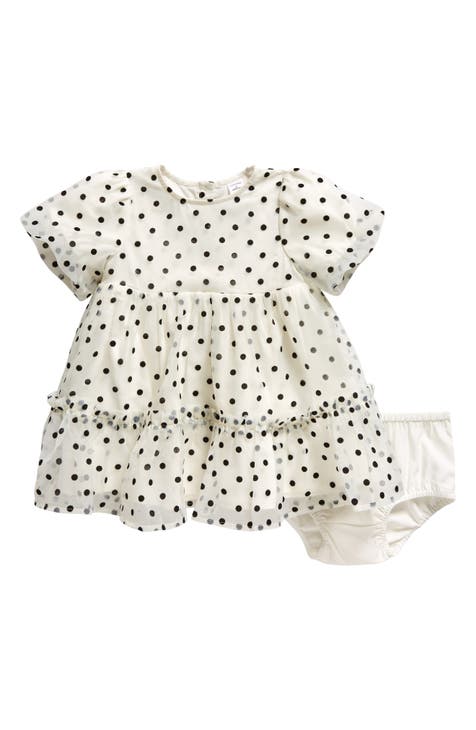 Polka Dot Puff Sleeve Tiered Party Dress & Bloomers Set (Baby)