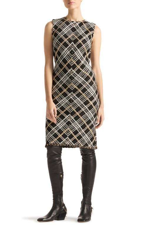 St John St. John Evening Sparkle Plaid Tweed Knit Sheath Dress In Black/ecru/gold Multi