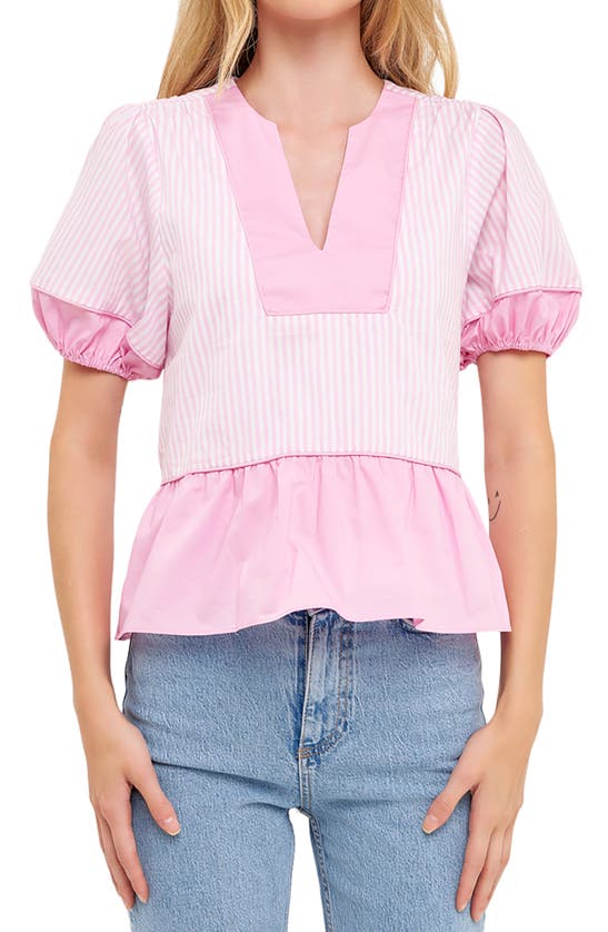 Shop English Factory Contrast Stripe Puff Sleeve Top In Pink Multi