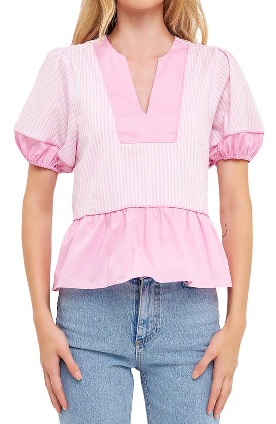 English Factory Contrast Stripe Puff Sleeve Top In Pink Multi