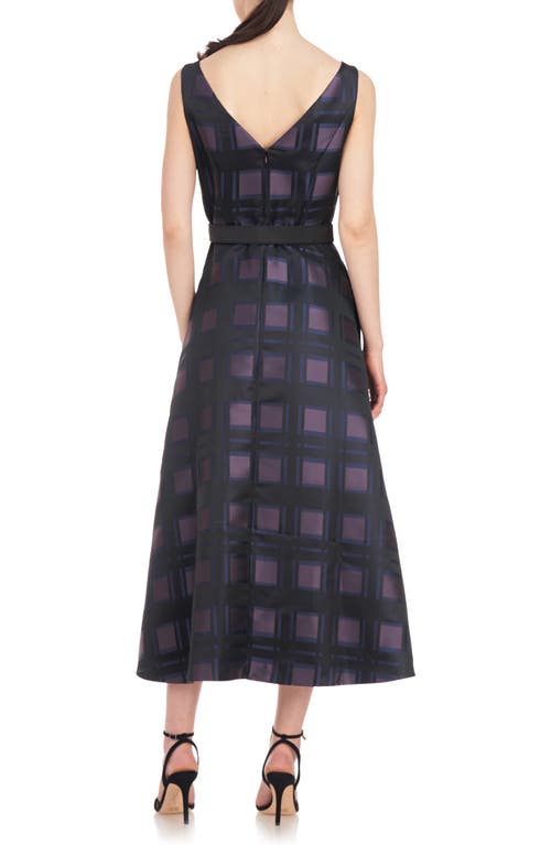 Kay Unger Isla Plaid Pleated Belted Cocktail Dress In Black/night Blue