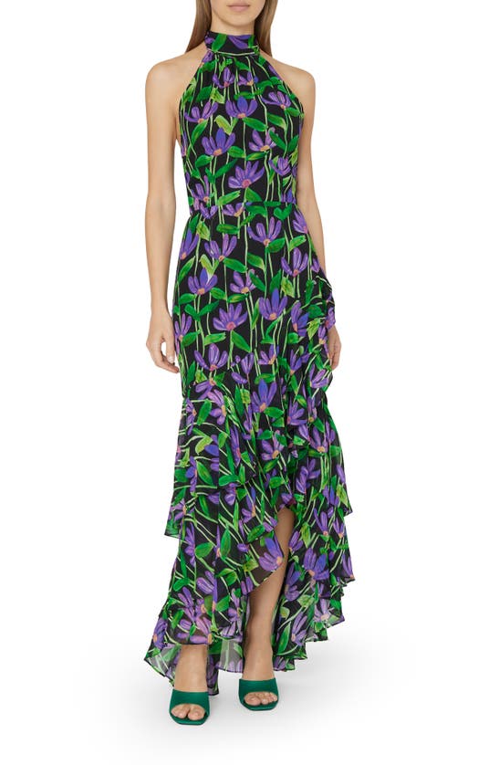 Milly Linley Tiered Floral-print Halter Dress In Violet Multi