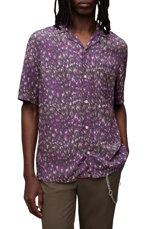 AllSaints Ikuma Relaxed Fit Floral Camp Shirt Jet Black at Nordstrom,