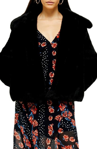 Topshop Anne Faux Fur Crop Coat In Black