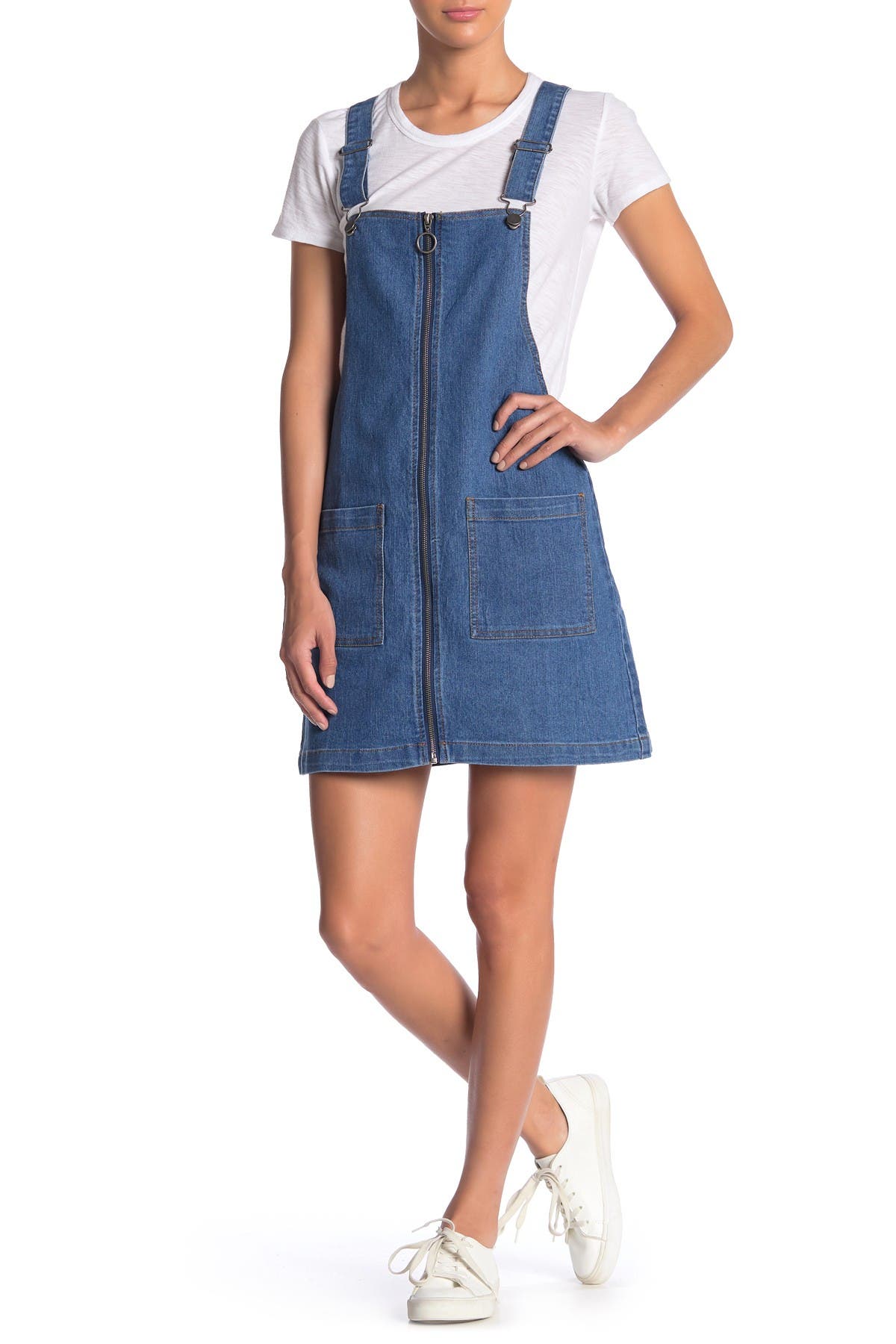 denim zip up pinafore dress