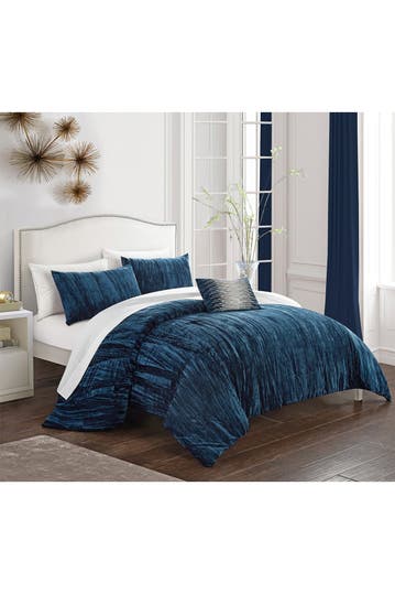 Chic Home Bedding King Merieta Rich Textured Crinkle Velvet Design Comforter 4 Piece Set Navy Hautelook