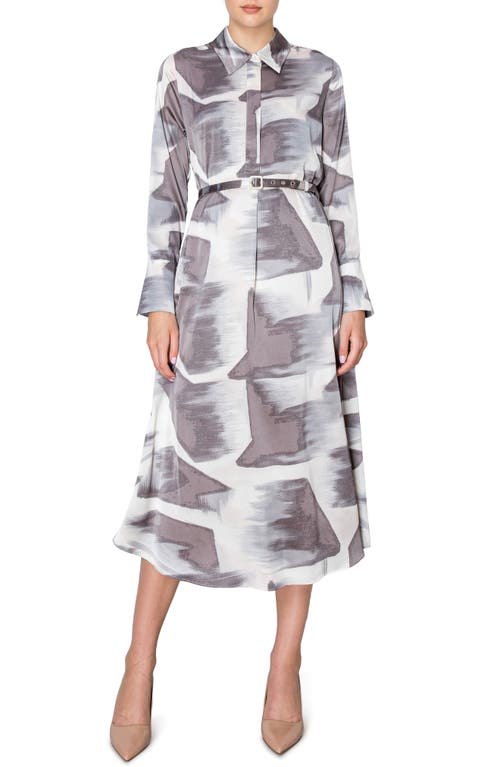 MELLODAY Abstract Print Long Sleeve Belted Shirtdress in Grey Multi 