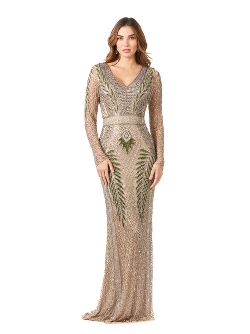 Shop Lara New York Long Sleeve Beaded Gown In Nudemulti