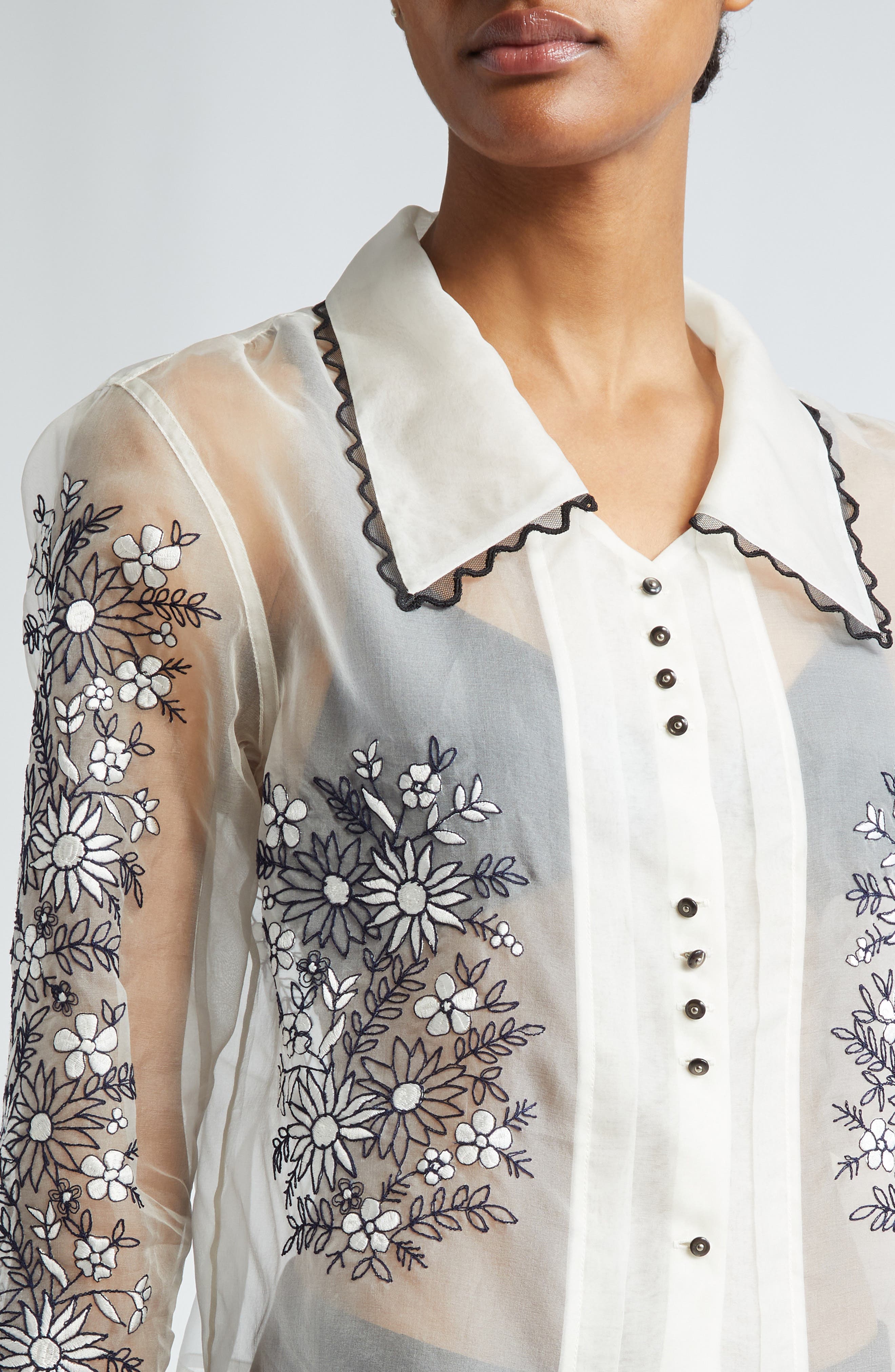 Laura Luxe Embellished Organza Button-Up Blouse