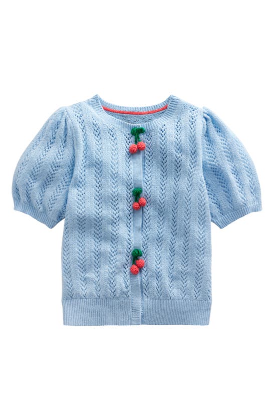 Mini Boden Kids' Raspberry Accent Short Sleeve Pointelle Cardigan In Brunnera Blue