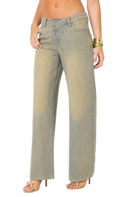 Shop Edikted Crossover Waist Wide Leg Jeans In Blue-washed