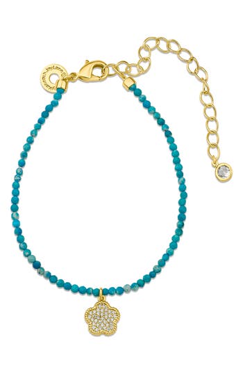 Shop Cz By Kenneth Jay Lane Cz Pavé Clover Glass Bead Bracelet In Turquoise/gold