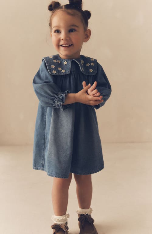 Shop Next Kids' Daisy Embroidered Long Sleeve Denim Dress In Blue