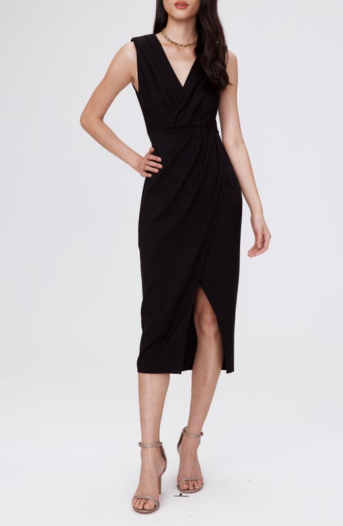 Hallie Sleeveless Faux Wrap Midi Dress in Black