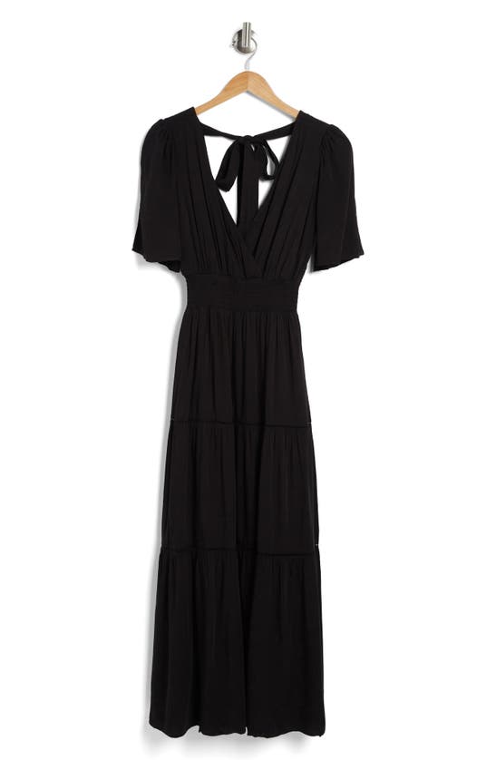 Lovestitch Flutter Sleeve Tiered Maxi Dress In Black