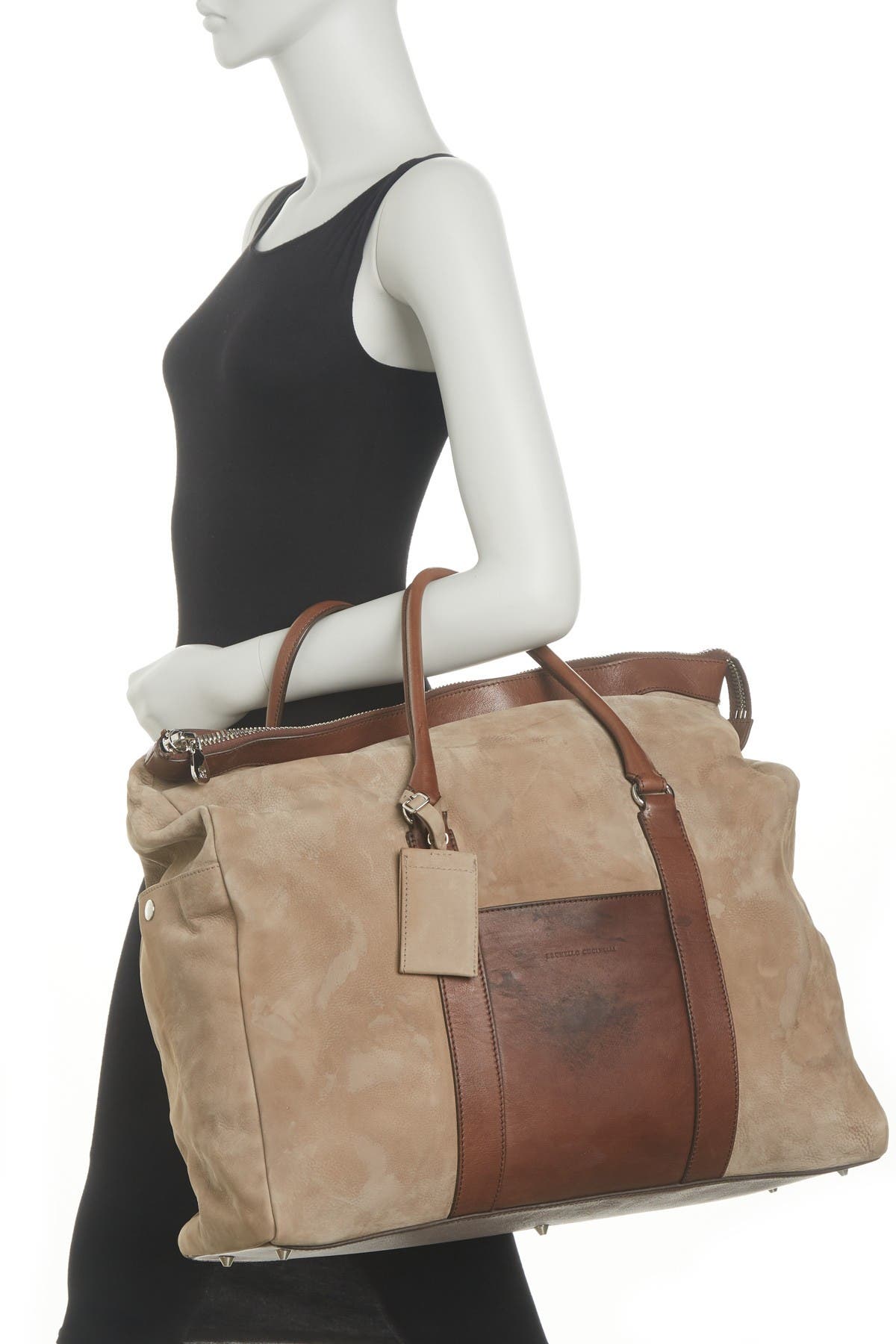 Brunello Cucinelli Contrast Suede & Leather Handbag In Tan