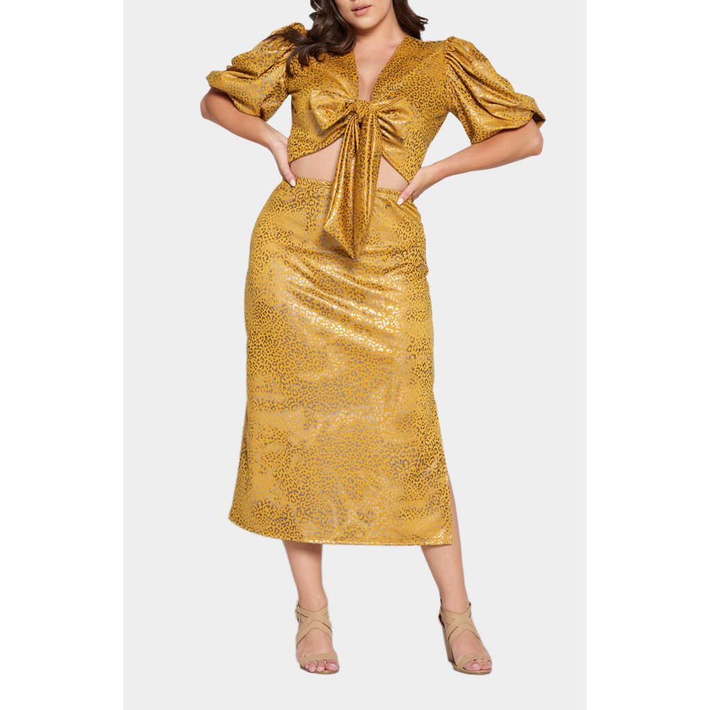 L I V D Cheetah Print Foil Tie Front Ponte Crop Top & Skirt Set In Mustard