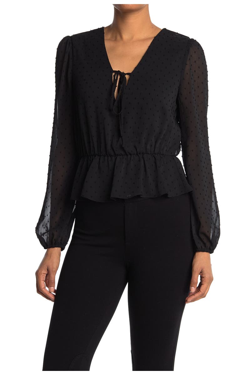 WAYF Long Sleeve Peplum Top, Main, color, BLACK SWISS DOT