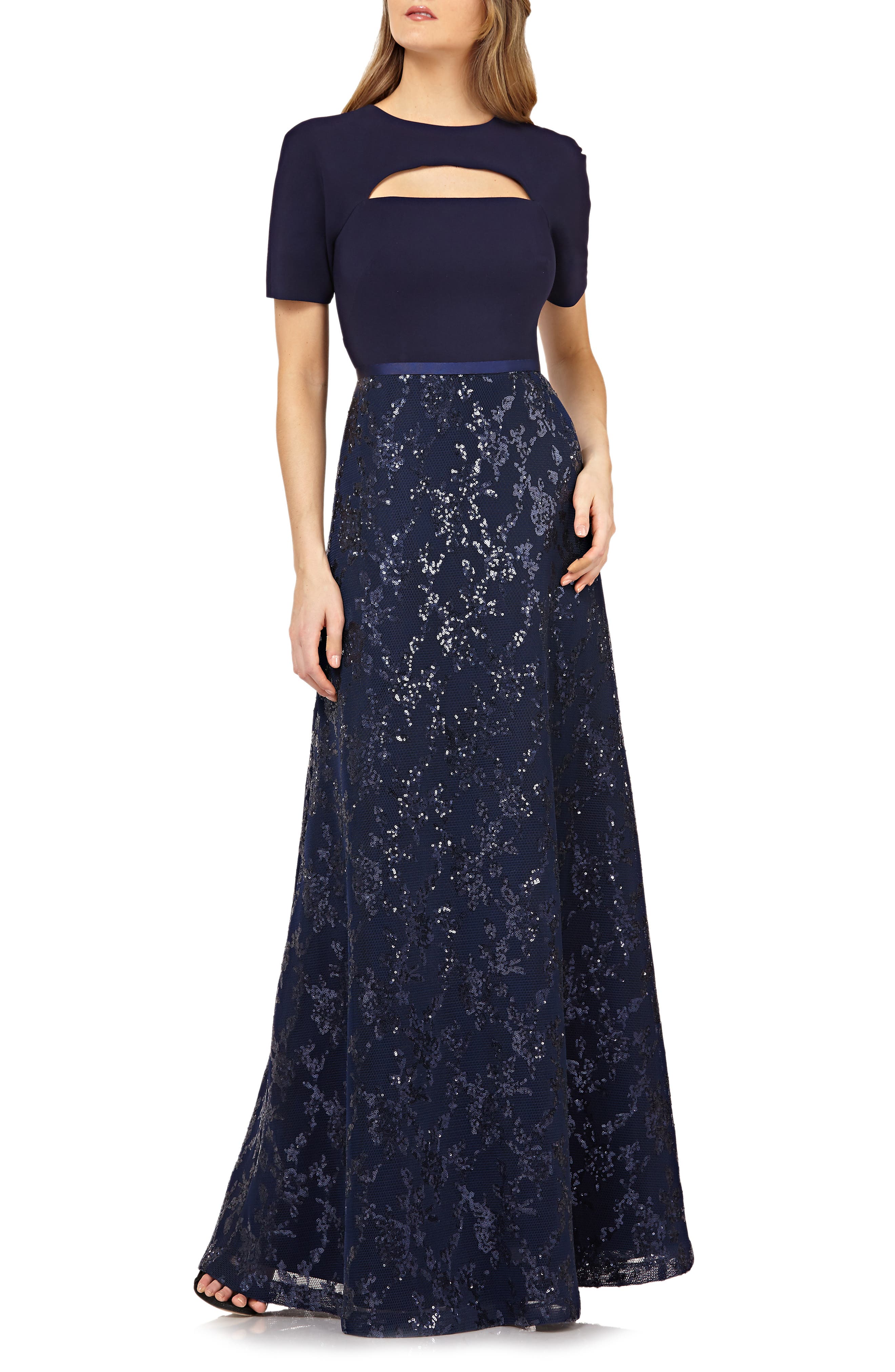 Kay Unger Cutout Sequin Evening Gown, Blue