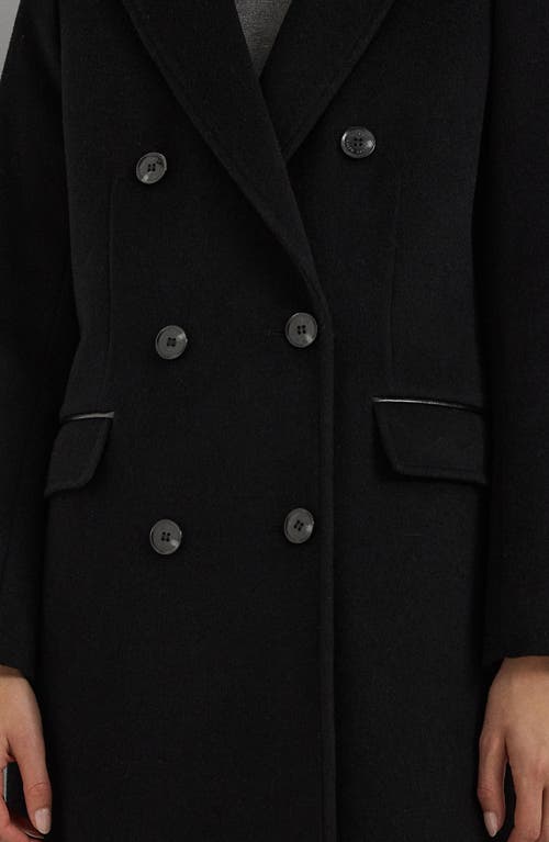 Shop Lauren Ralph Lauren Faux Leather Trim Double Breasted Wool Blend Reefer Coat In Black