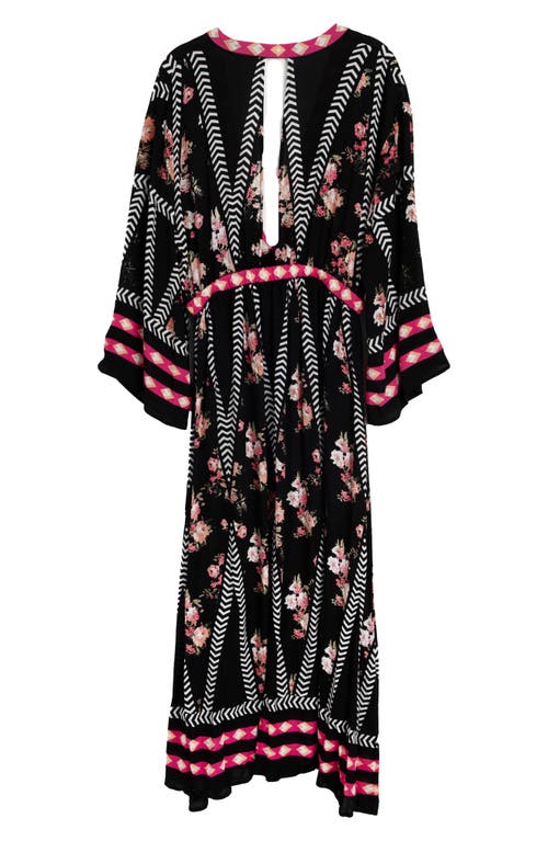 Saachi Floral Print Plunge Neck Cover-up Kaftan In Black Combo
