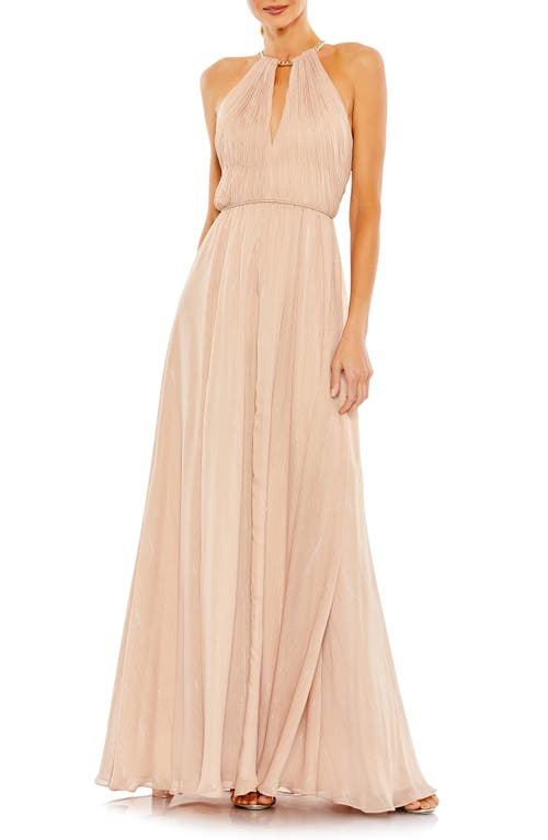 Ieena for Mac Duggal Metallic Chain Trim Gown Beige at Nordstrom,