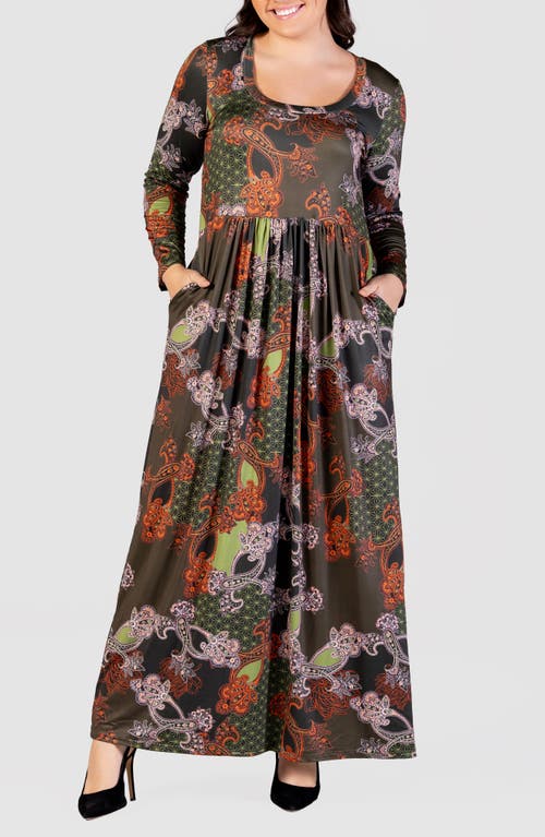 Shop 24seven Comfort Apparel Mixed Print Long Sleeve Knit Maxi Dress In Green Multi