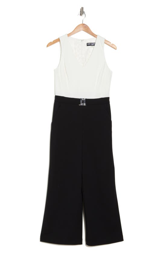 Shop Karl Lagerfeld Paris Wide Leg Scuba Crepe Jumpsuit In Soft White Black