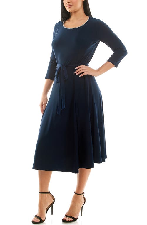 Nina Leonard Sylvia Crystal Embellished Fit & Flare Dress In Navy