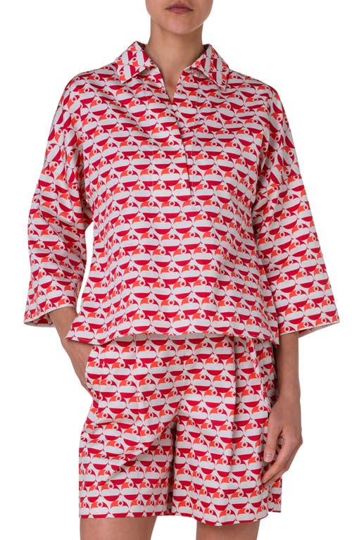 Akris punto Flamingo Dot Print Cotton Satin Shirt Beige-Red-Coral at Nordstrom,