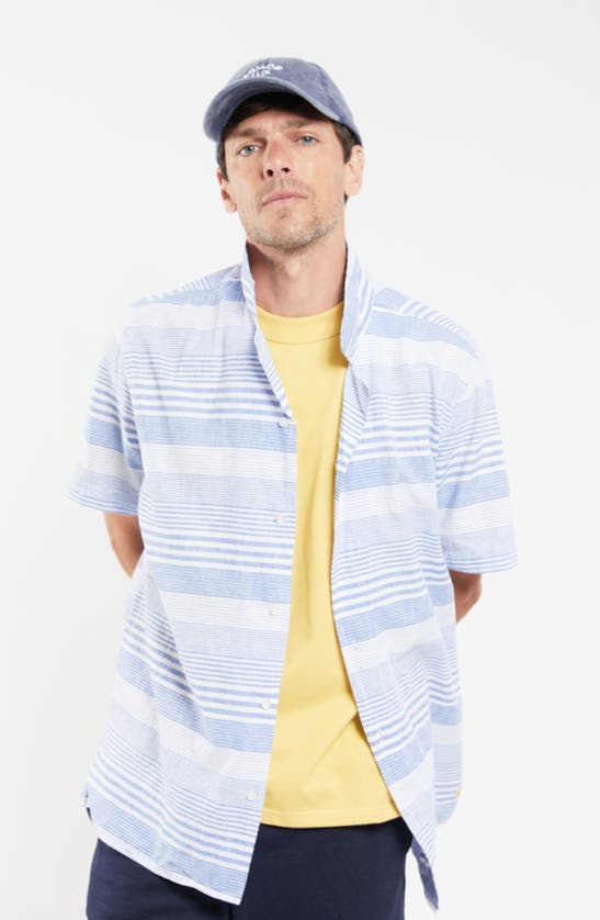 Shop Armor-lux Comfort Linen Camp Shirt In Raye Bleu